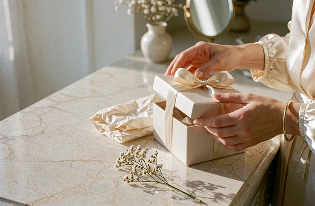 Hands lifting the lid of a ribboned gift box on a marble console beside dried blush blooms