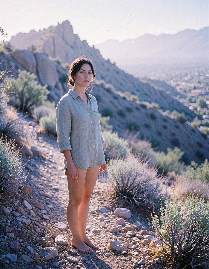 Woman with dark hair in a low knot wearing a sage linen shirt on a hillside path near Camelback Mountain - demonstration profile photo