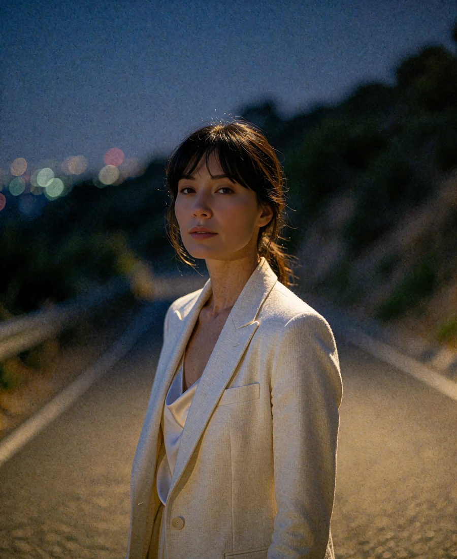 Woman in a cream blazer on a hillside road above Los Angeles at twilight - demonstration profile photo