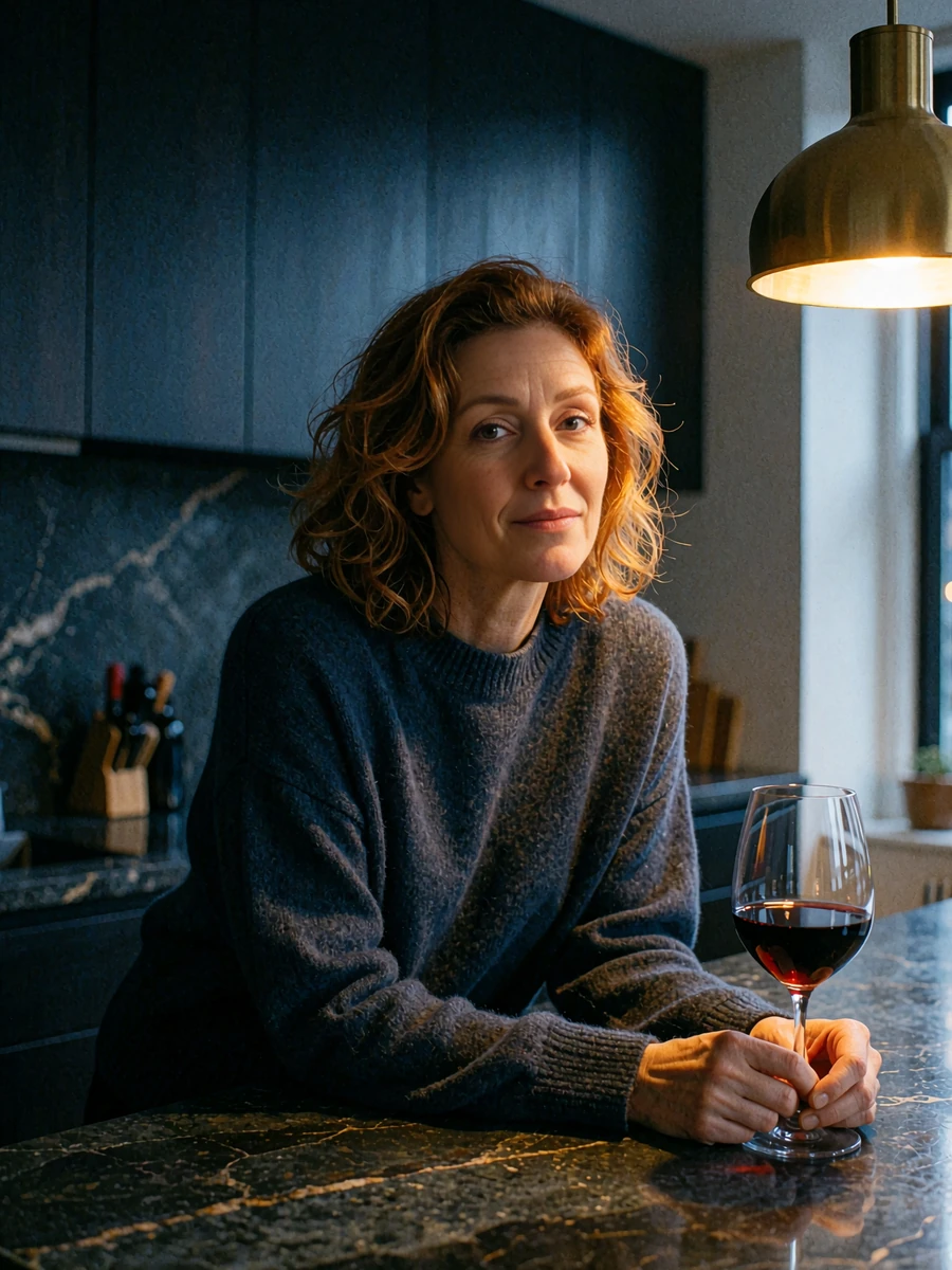 Warm woman in a charcoal cashmere sweater leaning against a stone kitchen island at night, illustrative member profile photo