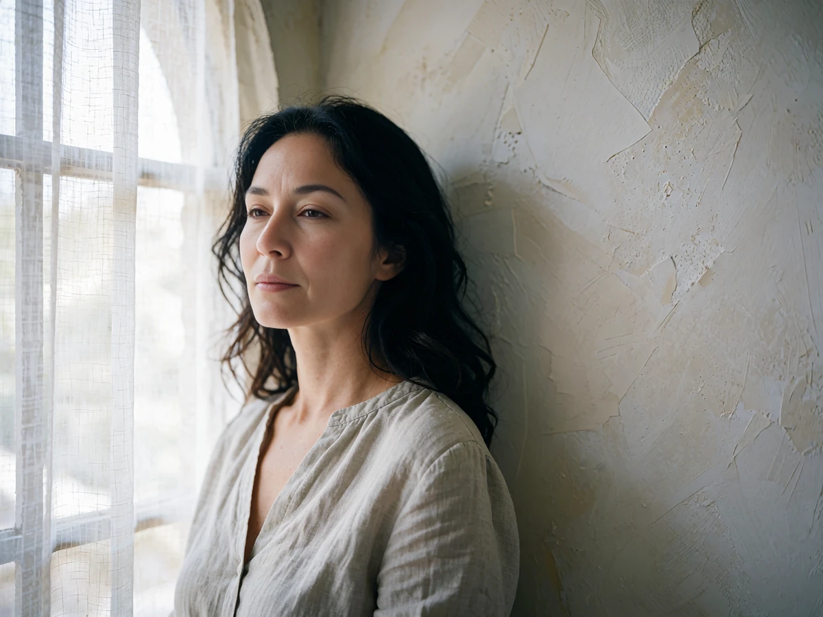 Woman with loose dark hair turned three-quarters toward daylight beside a tall arched window in a pale minimalist apartment