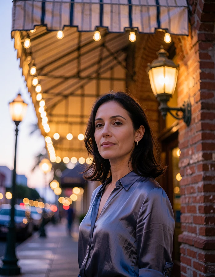 Confident woman with dark hair beneath a historic awning in the Gaslamp Quarter at evening - demonstration profile photo