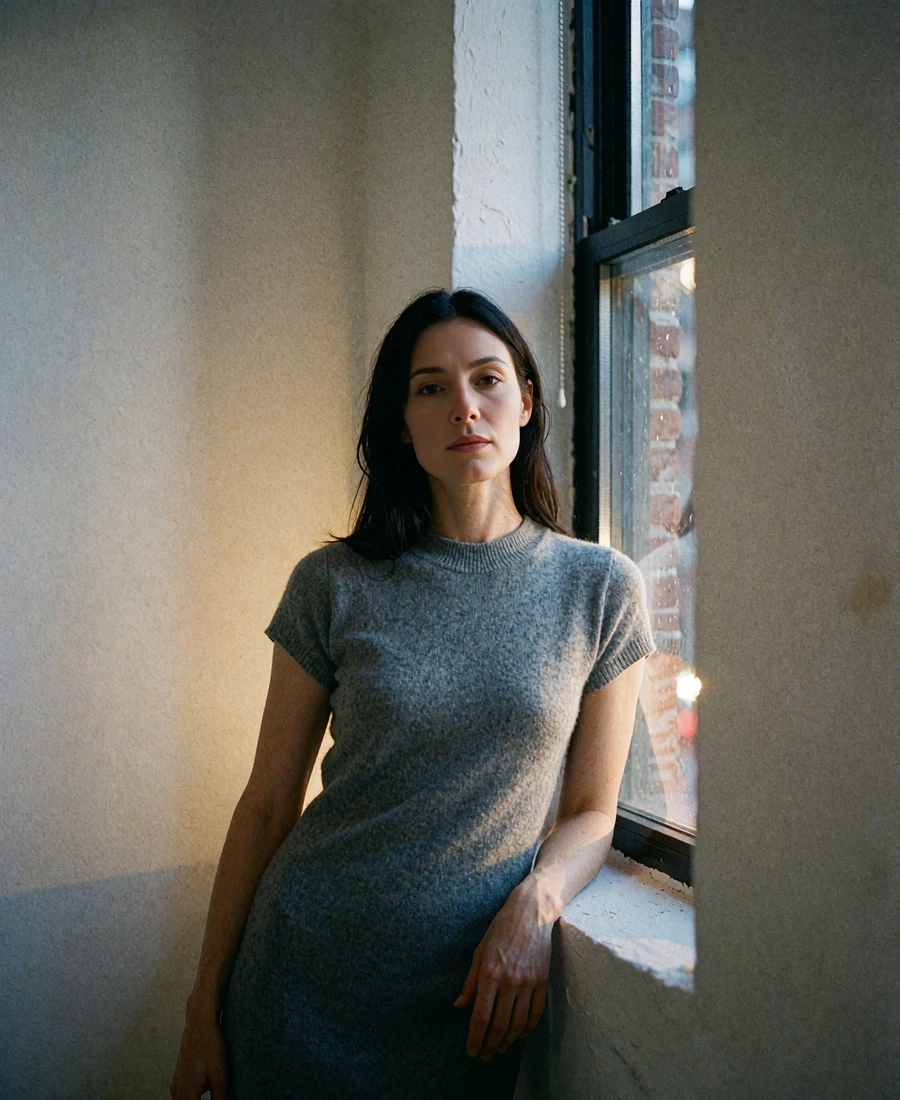 Woman in a grey knit dress beside a loft window in Los Angeles at dusk - demonstration profile photo