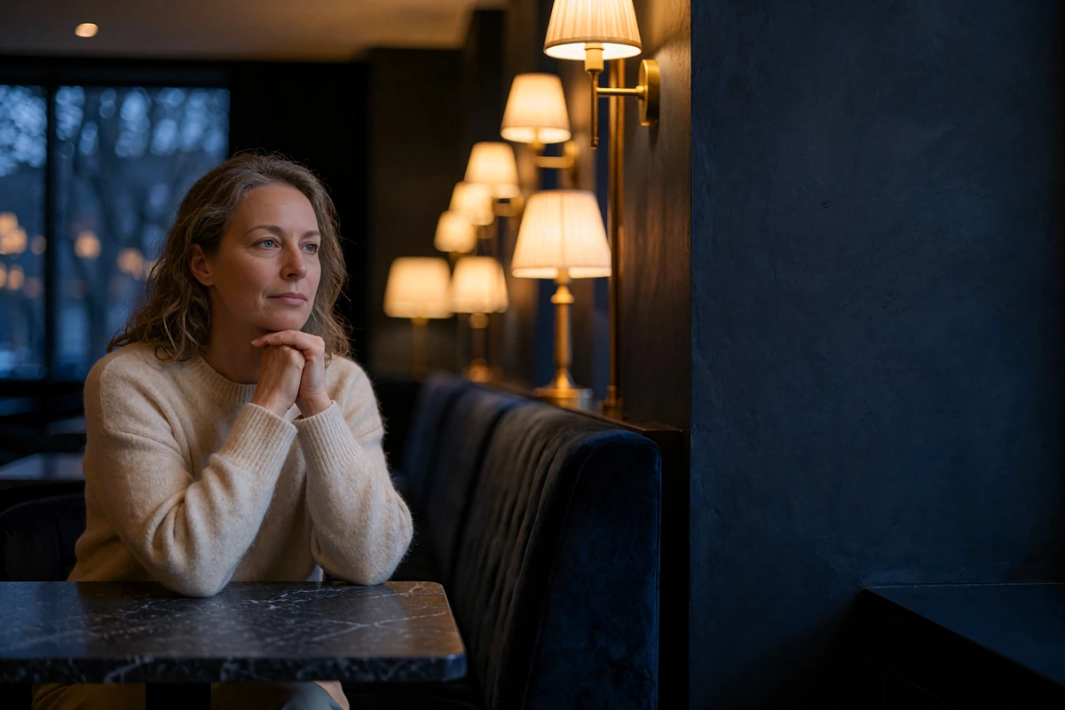 Thoughtful woman sitting calmly alone in a quiet upscale lounge corner, representing considered, unhurried trust and safety reporting
