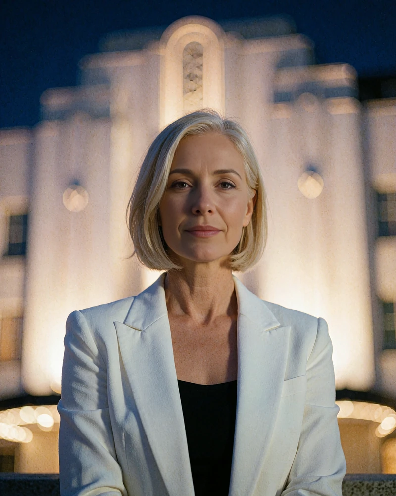 Woman in her mid forties with a sleek blonde bob in a white blazer outside an art-deco South Beach hotel at night - demonstration profile photo