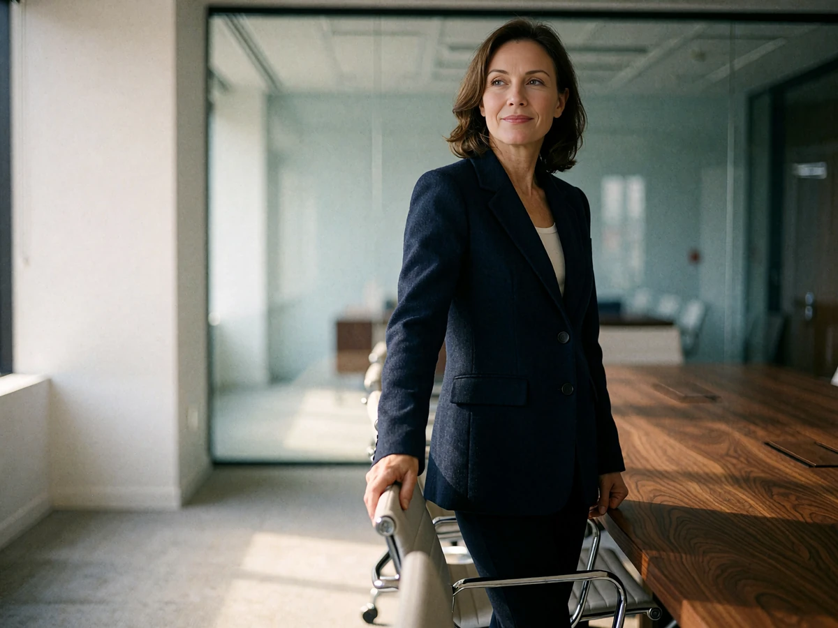 Woman in a sharp navy blazer standing beside a walnut meeting table in a glass-walled office, turning toward daylight with a composed expression
