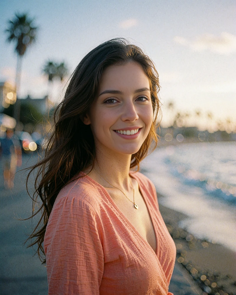 Young woman with long glossy brunette hair in a coral wrap top on a Tampa bayside walkway at dusk - demonstration profile photo