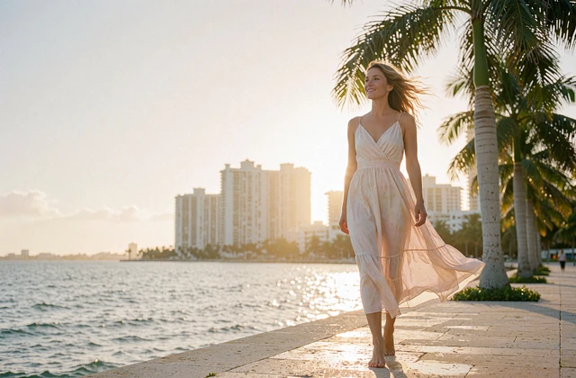 Woman in a pastel sundress walking along a palm-lined waterfront promenade in Miami at golden hour