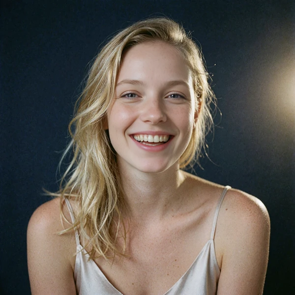 Portrait of a young woman with light freckles smiling softly, representing an illustrative community voice