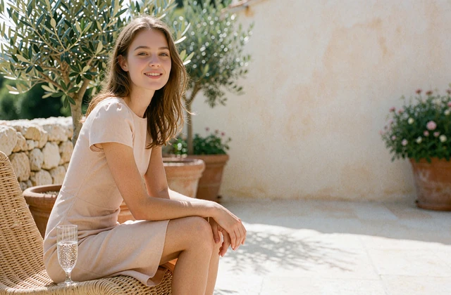Young woman in a blush dress smiling naturally on a bright terrace with olive trees