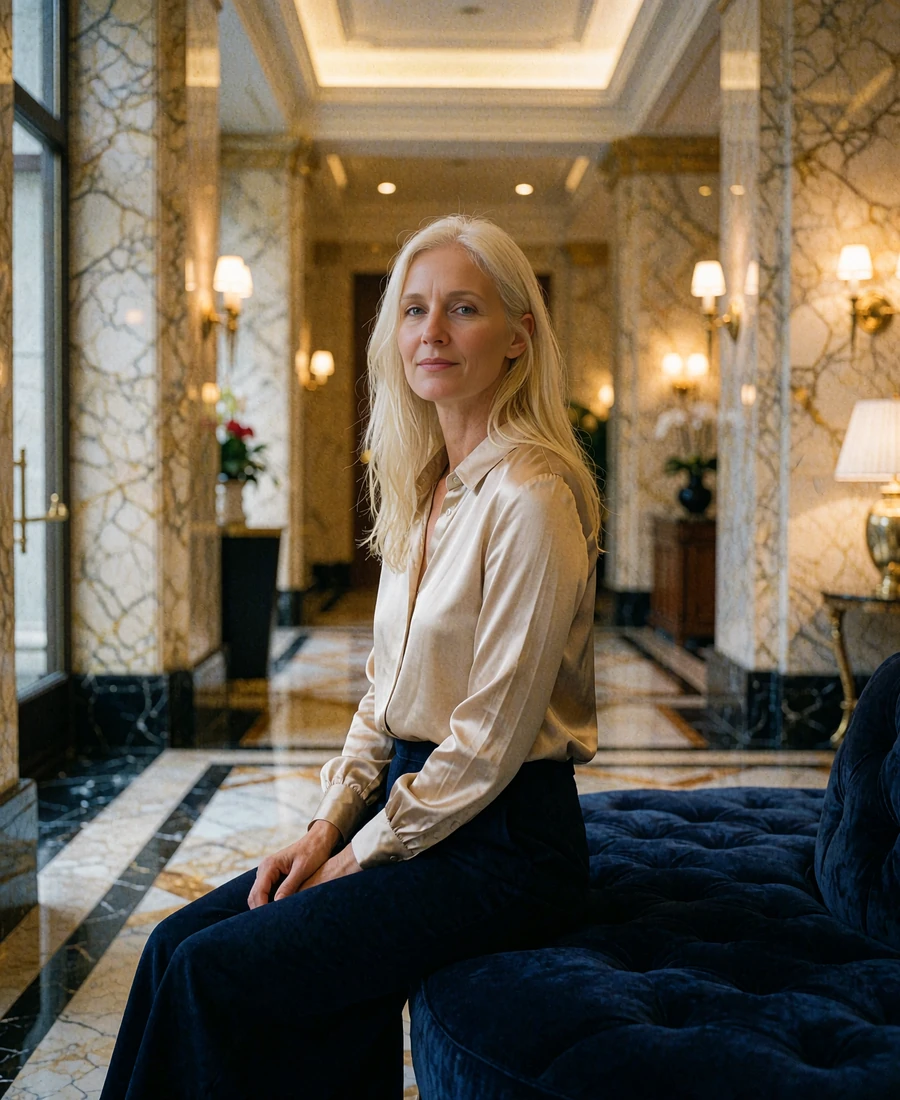 Graceful woman with long blonde hair seated in a luxury hotel lobby at night - illustrative demonstration profile