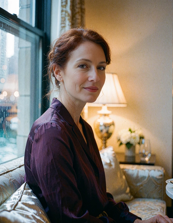 Refined auburn-haired woman in a plum blouse at a window seat in a riverside Chicago lounge - demonstration profile photo