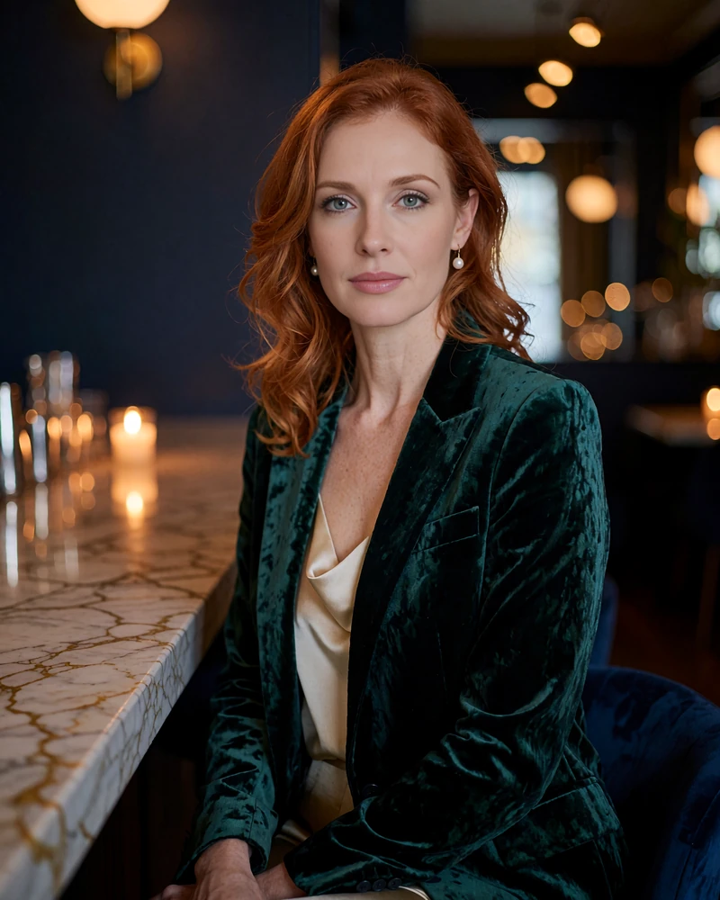 Auburn-haired woman in an emerald velvet blazer beside a marble bar in a refined Nashville supper club - demonstration profile photo