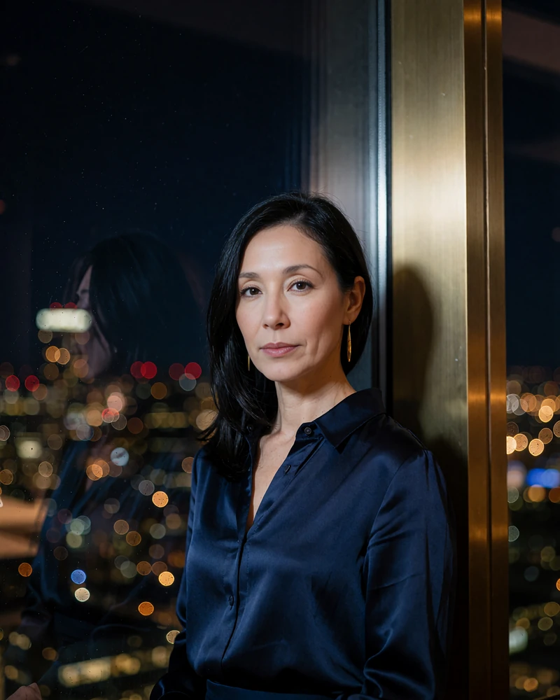 Woman with sleek dark hair in a midnight-blue blouse in a Seattle skybar at night - demonstration profile photo