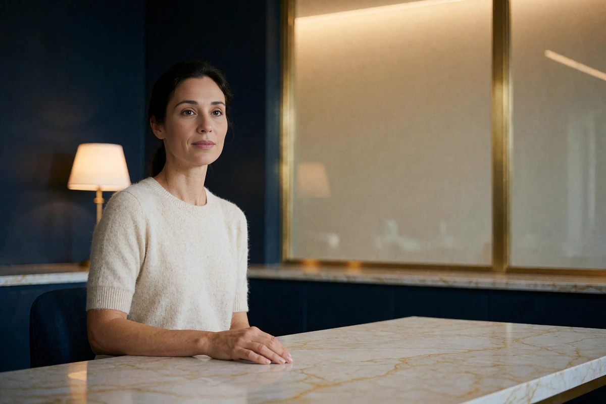 Poised woman seated at a marble desk in a minimalist office with frosted glass partitions, representing careful account and safety review at UrbanSugarMeet