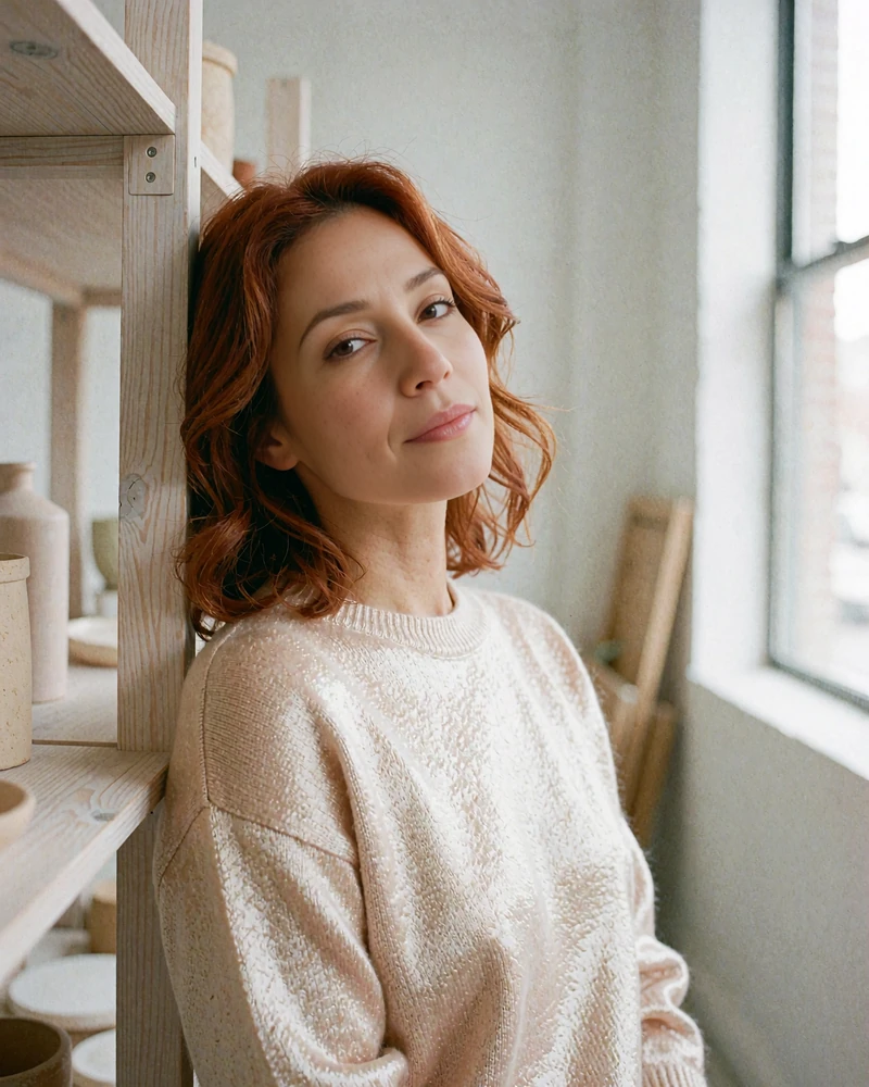 Woman in a champagne cashmere sweater leaning against a shelf in an airy design studio - illustrative member profile photo