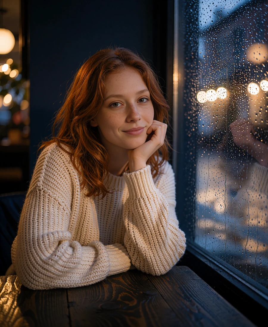 Woman with copper-red hair and freckles sitting by a rain-streaked café window in the evening - demonstration profile photo