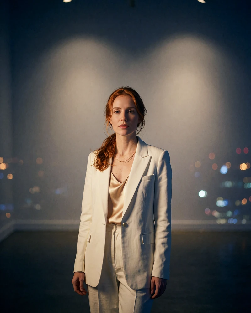 Woman with copper-red hair in an ivory blazer in a softly lit Seattle gallery space - demonstration profile photo